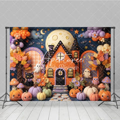 Aperturee - Aperturee Whimsical Halloween Haunted House Photography Backdrop Cute Ghosts and Pumpkins with Autumn Leaves for Kids Party