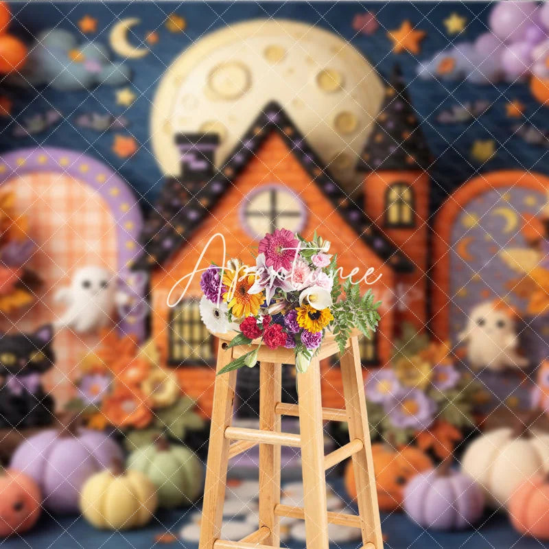 Aperturee - Aperturee Whimsical Halloween Haunted House Photography Backdrop Cute Ghosts and Pumpkins with Autumn Leaves for Kids Party