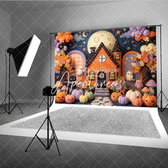 Aperturee - Aperturee Whimsical Halloween Haunted House Photography Backdrop Cute Ghosts and Pumpkins with Autumn Leaves for Kids Party