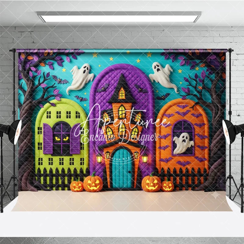 Aperturee - Aperturee Whimsical Halloween Haunted House Photography Backdrop Spooky Ghosts and Jack-o’-Lanterns Party Decor