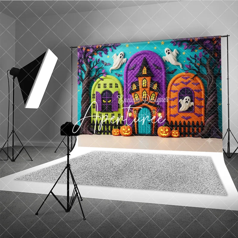 Aperturee - Aperturee Whimsical Halloween Haunted House Photography Backdrop Spooky Ghosts and Jack-o’-Lanterns Party Decor
