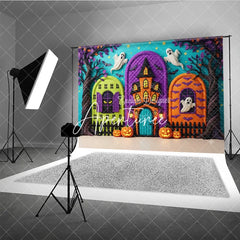 Aperturee - Aperturee Whimsical Halloween Haunted House Photography Backdrop Spooky Ghosts and Jack-o’-Lanterns Party Decor