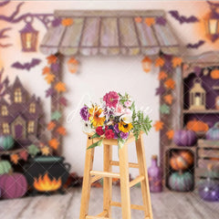 Aperturee - Aperturee Whimsical Halloween Haunted House Photography Backdrop with Pumpkins and Autumn Leaves Spooky Fall Party Decor