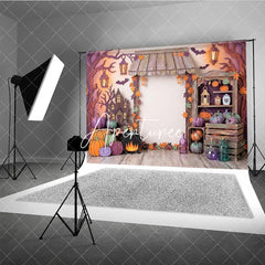 Aperturee - Aperturee Whimsical Halloween Haunted House Photography Backdrop with Pumpkins and Autumn Leaves Spooky Fall Party Decor