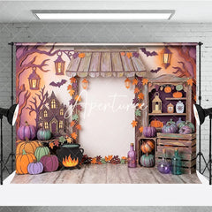 Aperturee - Aperturee Whimsical Halloween Haunted House Photography Backdrop with Pumpkins and Autumn Leaves Spooky Fall Party Decor