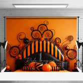 Aperturee Aperturee Whimsical Halloween Headboard Photography Backdrop Orange and Black Stripe Bed Spooky Fun Bedroom Photo Prop