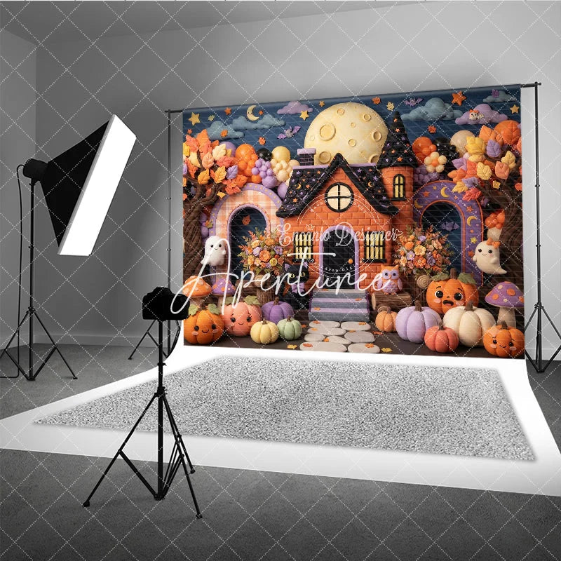 Aperturee - Aperturee Whimsical Halloween House Photography Backdrop with Full Moon Cute Ghosts Pumpkins and Autumn Trees for Party Decor