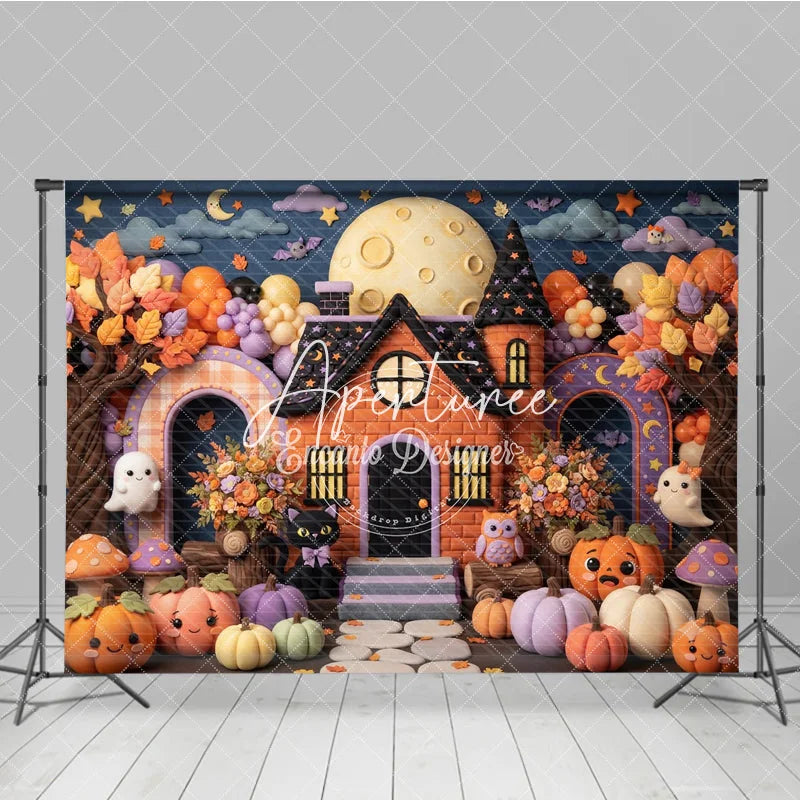 Aperturee - Aperturee Whimsical Halloween House Photography Backdrop with Full Moon Cute Ghosts Pumpkins and Autumn Trees for Party Decor