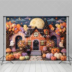 Aperturee - Aperturee Whimsical Halloween House Photography Backdrop with Full Moon Cute Ghosts Pumpkins and Autumn Trees for Party Decor