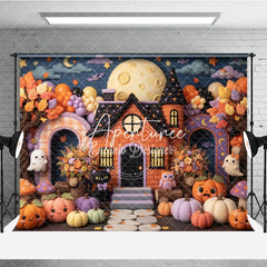 Aperturee - Aperturee Whimsical Halloween House Photography Backdrop with Full Moon Cute Ghosts Pumpkins and Autumn Trees for Party Decor