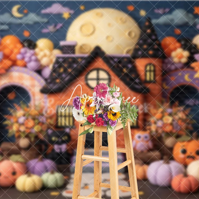 Aperturee - Aperturee Whimsical Halloween House Photography Backdrop with Full Moon Cute Ghosts Pumpkins and Autumn Trees for Party Decor