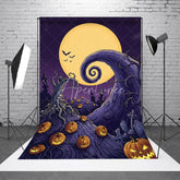 Aperturee - Aperturee Whimsical Halloween Night Holiday Backdrop with Full Moon Glowing Jack-o’-Lanterns and Twisted Trees