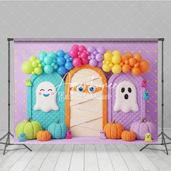 Aperturee - Aperturee Whimsical Halloween Photography Backdrop featuring Cute Ghosts Mummy Pumpkins and Balloon Arch for Kids Party Decor