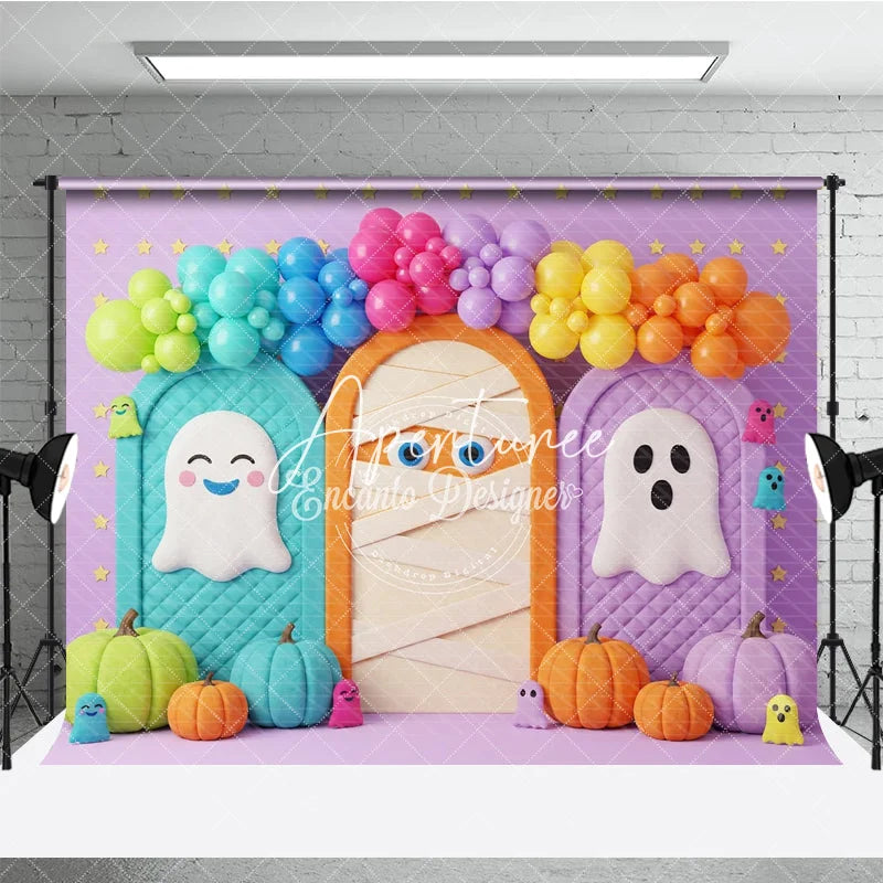 Aperturee - Aperturee Whimsical Halloween Photography Backdrop featuring Cute Ghosts Mummy Pumpkins and Balloon Arch for Kids Party Decor