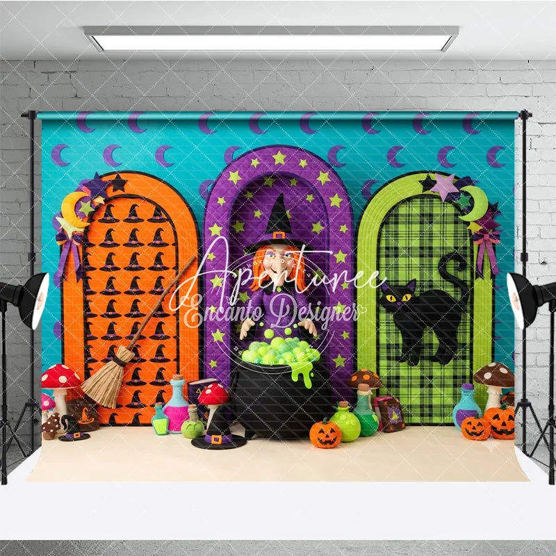 Aperturee - Aperturee Whimsical Halloween Photography Backdrop with a Witch Black Cat Cauldron and Arched Doors Festive Party Decor