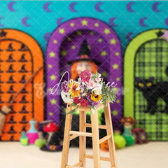 Aperturee - Aperturee Whimsical Halloween Photography Backdrop with a Witch Black Cat Cauldron and Arched Doors Festive Party Decor