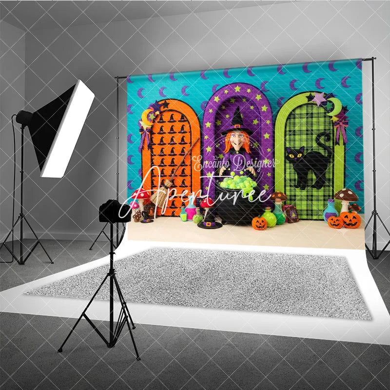 Aperturee - Aperturee Whimsical Halloween Photography Backdrop with a Witch Black Cat Cauldron and Arched Doors Festive Party Decor
