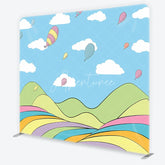 Aperturee - Aperturee Whimsical Hot Air Balloon and Colorful Striped Landscape Square Double-Sided Backdrop Kids Birthday Party Decor