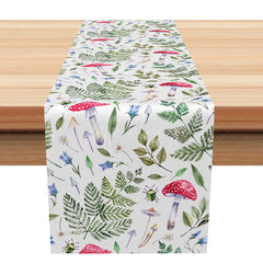 Aperturee - Aperturee Whimsical Mushroom and Leaves Table Runner Cute Boho Woodland Kitchen Decor Enchanted Forest Themed Party