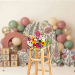 Aperturee - Aperturee Whimsical Muted Floral Photography Backdrop Botanical Garden Arch with Pastel Balloons for Baby Shower