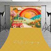 Aperturee - Aperturee Whimsical Paper Cut Art Rainbow Vintage Car Backdrop Sunny Landscape for Birthday Cake Smash Baby Shower