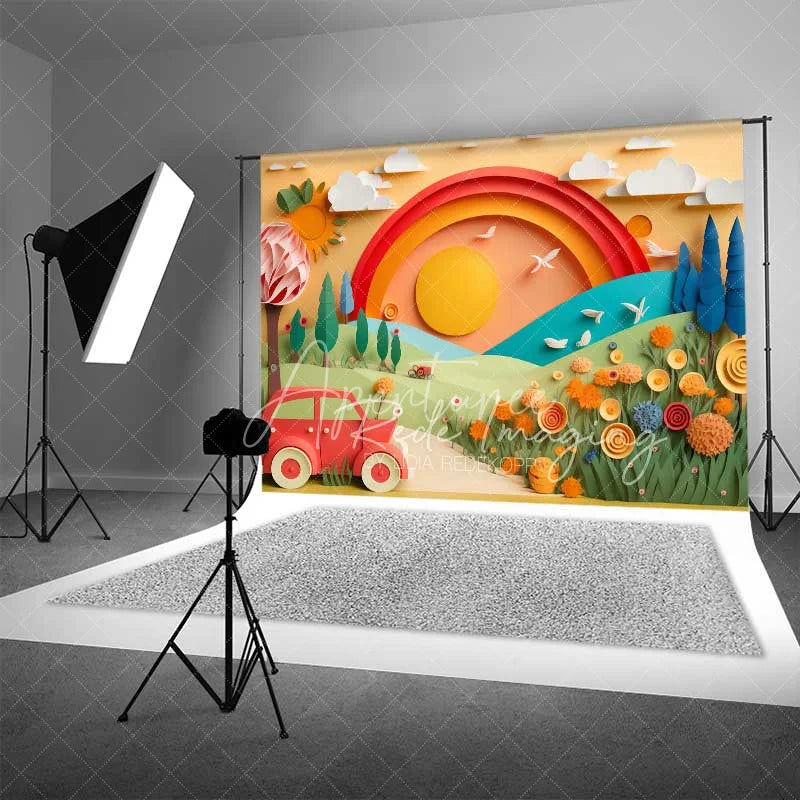 Aperturee - Aperturee Whimsical Paper Cut Out Landscape Backdrop Rainbow Sun Red Car Colorful Flowers Birthday Cake Smash Photography