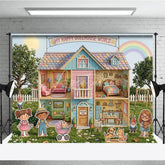 Aperturee - Aperturee Whimsical Pastel Dollhouse World Photography Backdrop Happy Cartoon Characters and a Rainbow Garden for Kids