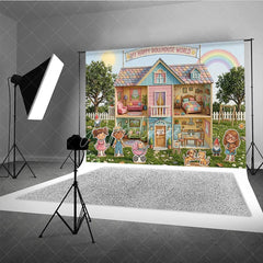 Aperturee - Aperturee Whimsical Pastel Dollhouse World Photography Backdrop Happy Cartoon Characters and a Rainbow Garden for Kids