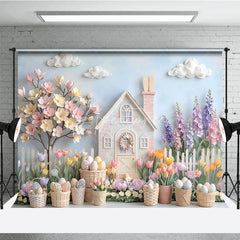 Aperturee - Aperturee Whimsical Pastel Easter House with Bunny Spring Flowers Photography Backdrop Dreamy Garden Scene for Celebrations