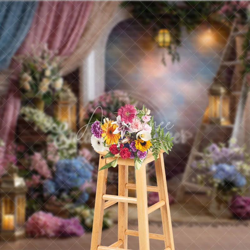 Aperturee - Aperturee Whimsical Pastel Floral Archway Photography Backdrop Elegant Drapes and Golden Lanterns for Studio Portraits