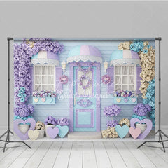 Aperturee - Aperturee Whimsical Pastel Floral House Photography Backdrop with Lavender and Blue Hearts Charming Door and Window Decor