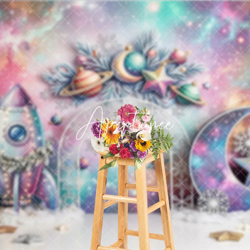 Aperturee - Aperturee Whimsical Pastel Galaxy Space Christmas Photography Backdrop Rocket Moon Star Snowflake Holiday Celebration