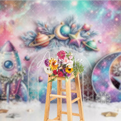 Aperturee - Aperturee Whimsical Pastel Galaxy Space Christmas Photography Backdrop Rocket Moon Star Snowflake Holiday Celebration