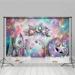 Aperturee - Aperturee Whimsical Pastel Galaxy Space Christmas Photography Backdrop Rocket Moon Star Snowflake Holiday Celebration