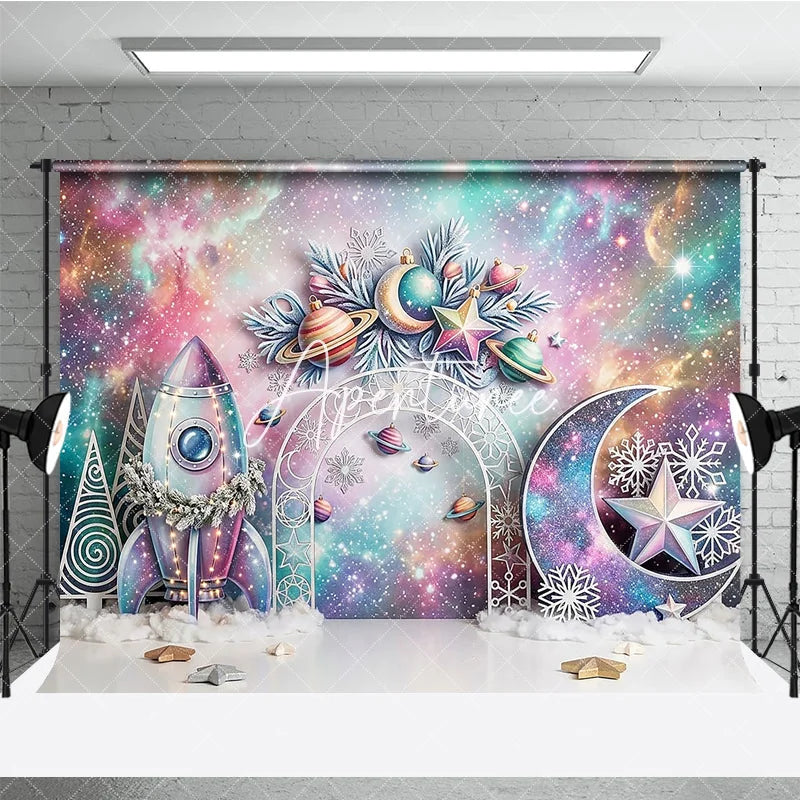 Aperturee - Aperturee Whimsical Pastel Galaxy Space Christmas Photography Backdrop Rocket Moon Star Snowflake Holiday Celebration