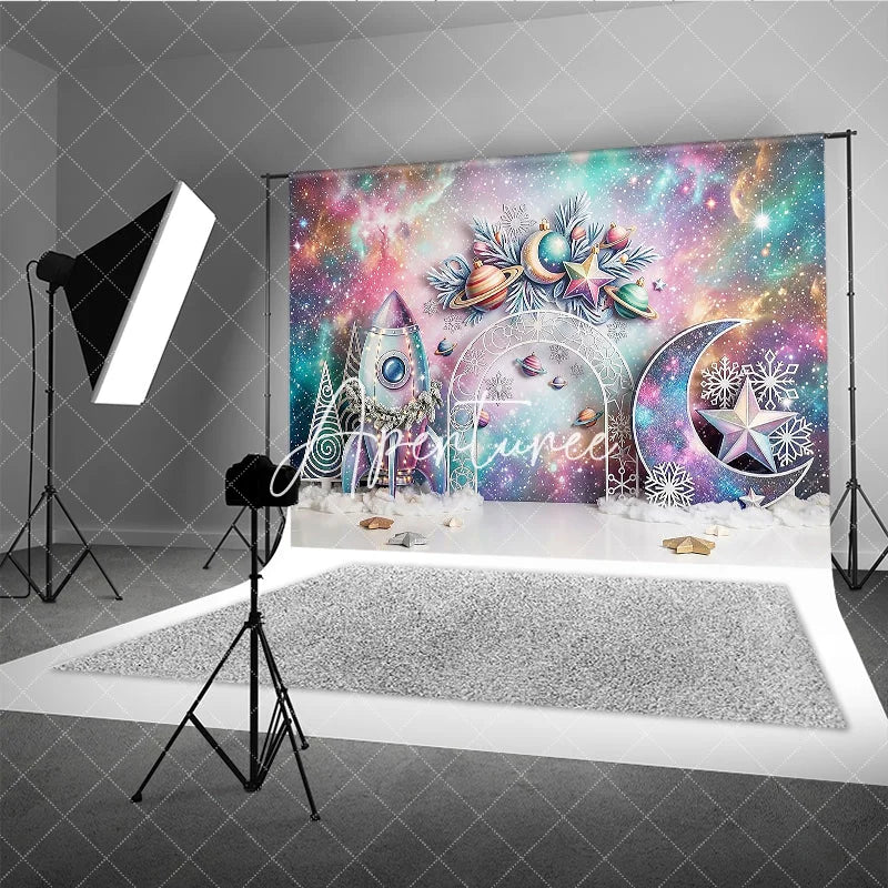 Aperturee - Aperturee Whimsical Pastel Galaxy Space Christmas Photography Backdrop Rocket Moon Star Snowflake Holiday Celebration