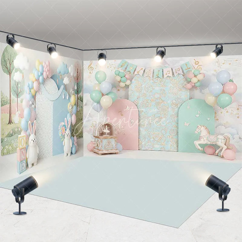 Aperturee - Aperturee Whimsical Pastel Musical Forest Room Set Backdrop featuring Bunnies Carousel Horse and Balloons for First Birthday