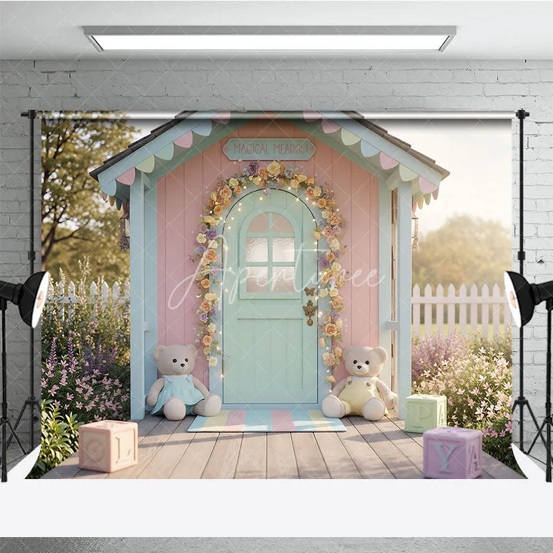Aperturee - Aperturee Whimsical Pastel Playhouse Photography Backdrop Floral Arch Fairy Lights Magical Meadow Baby Shower or Kids Birthday