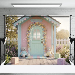 Aperturee - Aperturee Whimsical Pastel Playhouse Photography Backdrop Floral Arch Fairy Lights Magical Meadow Baby Shower or Kids Birthday