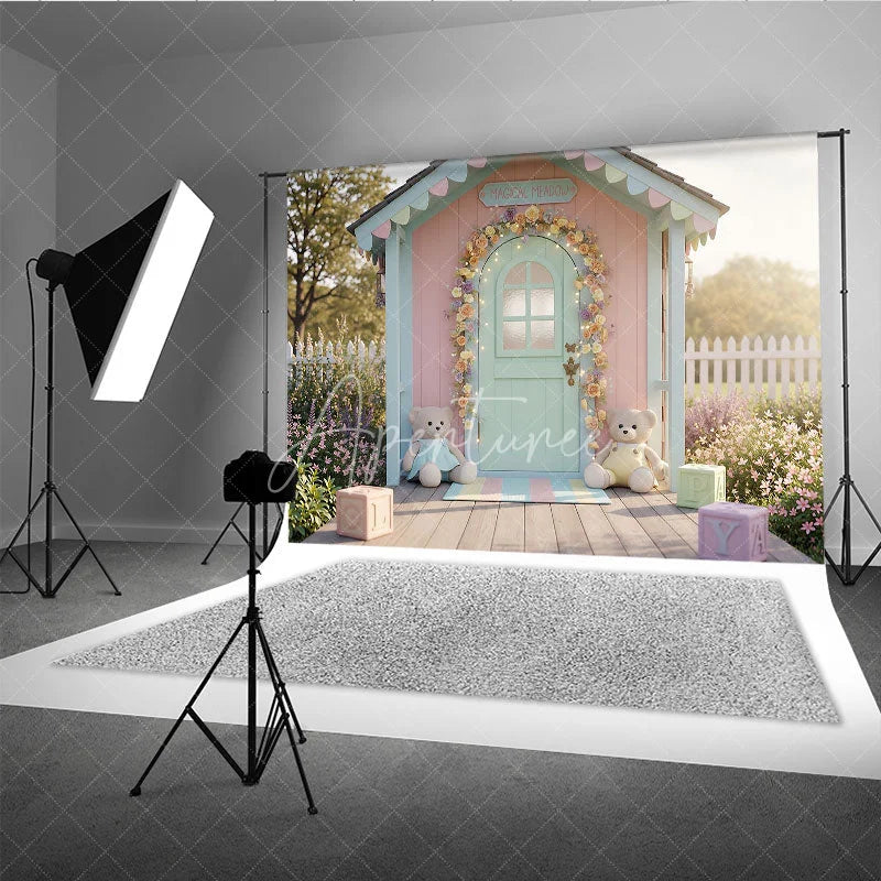 Aperturee - Aperturee Whimsical Pastel Playhouse Photography Backdrop Floral Arch Fairy Lights Magical Meadow Baby Shower or Kids Birthday