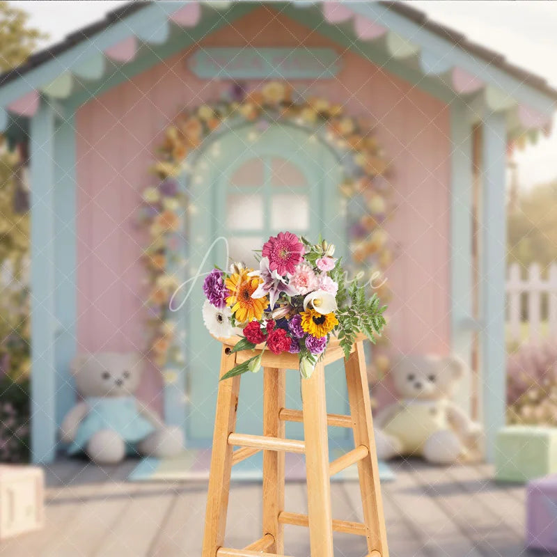 Aperturee - Aperturee Whimsical Pastel Playhouse Photography Backdrop Floral Arch Fairy Lights Magical Meadow Baby Shower or Kids Birthday