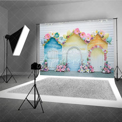 Aperturee - Aperturee Whimsical Pastel Spring Floral House Photography Backdrop with Easter Eggs for Baby Shower and Kids Birthday Party