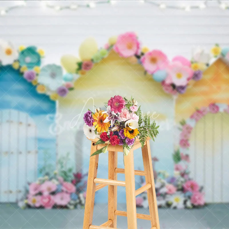 Aperturee - Aperturee Whimsical Pastel Spring Floral House Photography Backdrop with Easter Eggs for Baby Shower and Kids Birthday Party