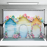 Aperturee - Aperturee Whimsical Pastel Spring Floral House Photography Backdrop with Easter Eggs for Baby Shower and Kids Birthday Party