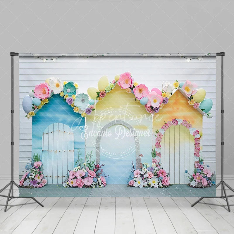 Aperturee - Aperturee Whimsical Pastel Spring Floral House Photography Backdrop with Easter Eggs for Baby Shower and Kids Birthday Party