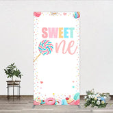 Aperturee - Aperturee Whimsical Pastel Sweet One Lollipop and Dessert Confetti Rectangle Arch Backdrop First Birthday Party Decor