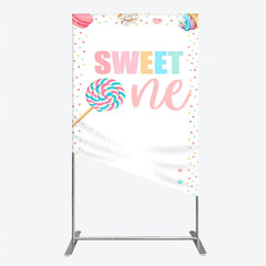 Aperturee - Aperturee Whimsical Pastel Sweet One Lollipop and Dessert Confetti Rectangle Arch Backdrop First Birthday Party Decor