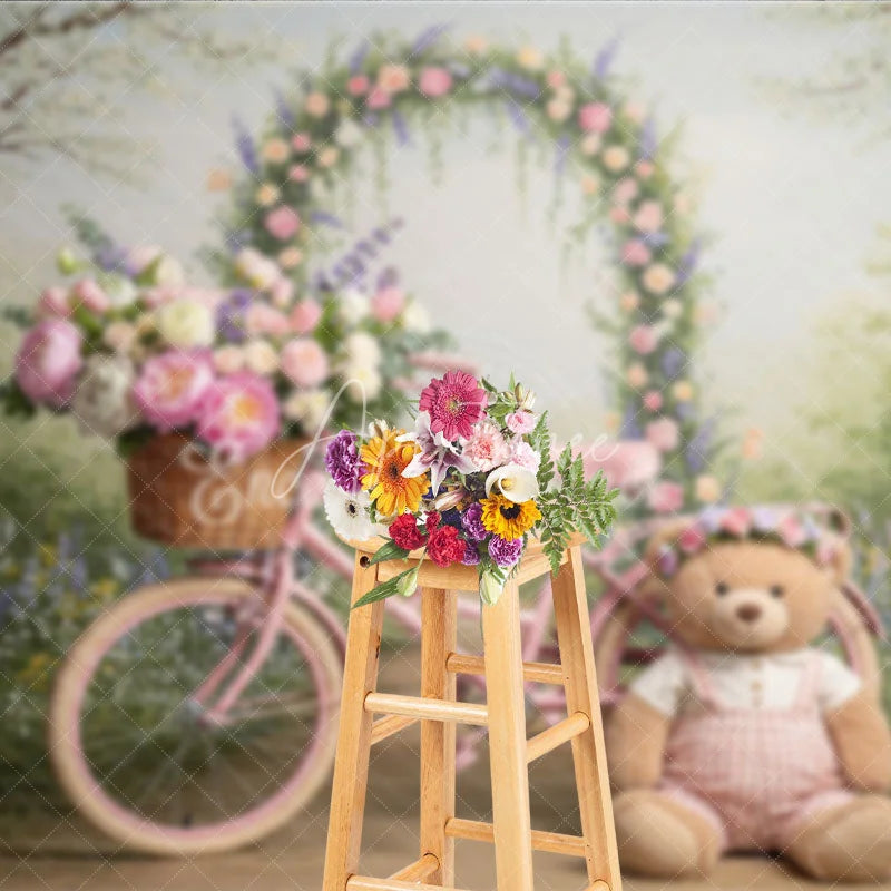 Aperturee - Aperturee Whimsical Pink Bicycle and Floral Arch Photography Backdrop Spring Garden Teddy Bear Baby Shower Decor