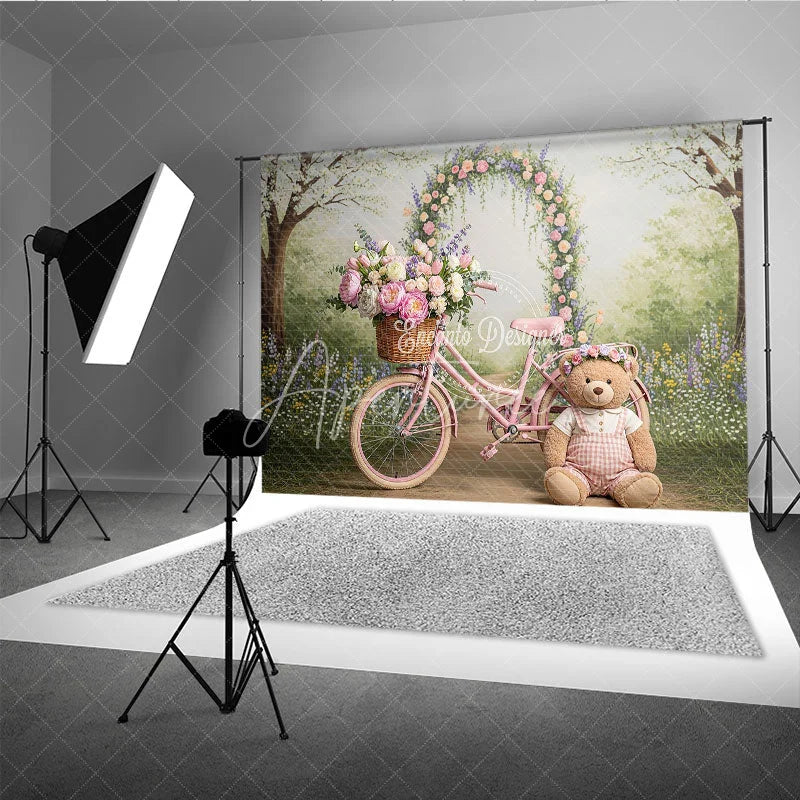 Aperturee - Aperturee Whimsical Pink Bicycle and Floral Arch Photography Backdrop Spring Garden Teddy Bear Baby Shower Decor