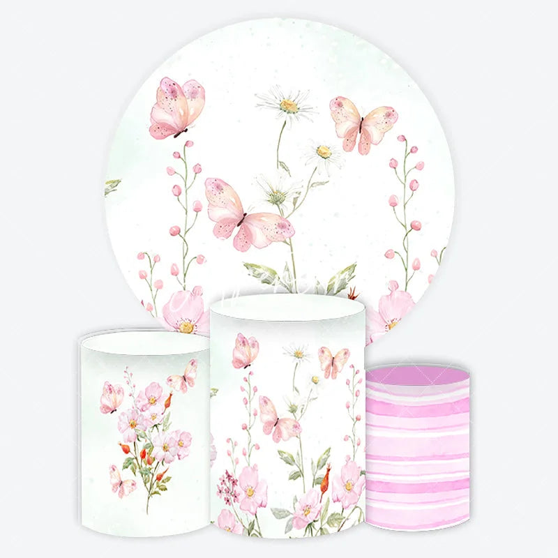 Aperturee - Aperturee Whimsical Pink Butterfly and Daisy Watercolor Round Backdrop Kit Spring Garden Baby Shower Birthday Decor